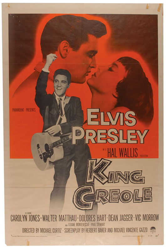One-sheet movie poster for the 1958 Paramount motion picture 'King Creole,' starring Elvis Presley and Carolyn Jones. Image courtesy of LiveAuctioneers Archive and Mercer Auctions.