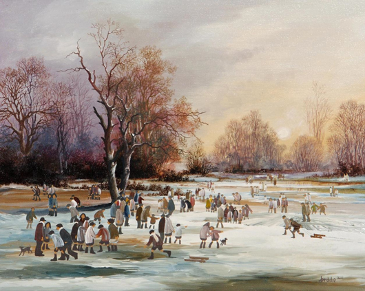 ‘Snowscape with Figures in a Park,’ by Brian Shields (Braaq) which made £14,000 ($23,150) at Hartleys’ December auction in Ilkley, Yorkshire. Image courtesy of Hartleys.