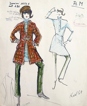 A Karl Lagerfeld for Tiziani design evocative of Lagerfeld’s earliest days as a designer. He had not yet developed his signature sketching style, which later would evolve to including finished makeup, detailed hat, etc. A board member from Versace who saw this sketch said, “The Met should be cataloging this. This is from the period when Lagerfeld and so many of the greats were just getting started, like St. Laurent, Versace, etc.” From the Jan. 11, 2014 Tiziani: Lagerfeld + Liz Auction. Palm Beach Modern Auctions image.