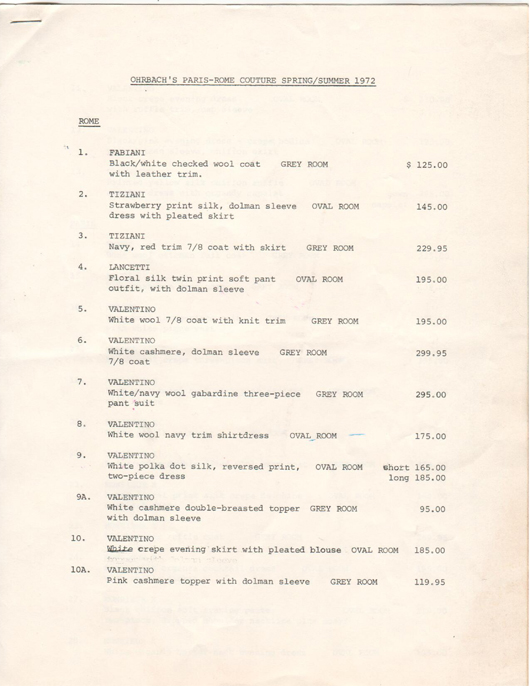 March 17, 1972 list of outfits (with prices) selected for Ohrbach’s Paris-Rome couture shows, with designs by Tiziani as well as Chanel, Valentino, Chanel, Givenchy, YSL, etc. List is followed by a press release from Ohrbach’s. From the Jan. 11, 2014 Tiziani: Lagerfeld + Liz Auction. Palm Beach Modern Auctions image.