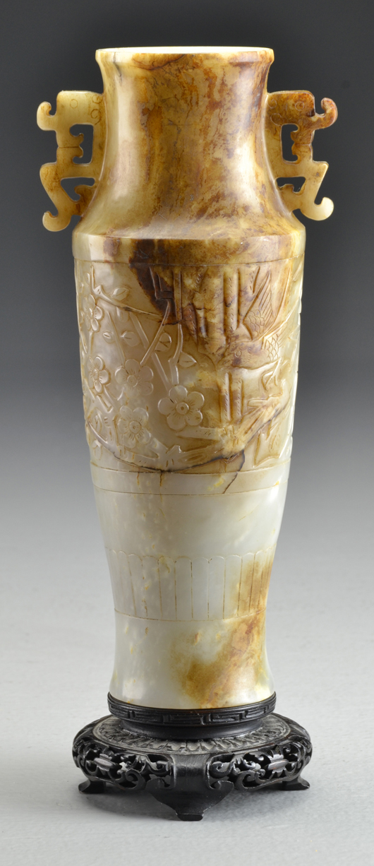 Chinese Ming or Qing carved celedon jadeite vase. Midwest Auction Galleries image.