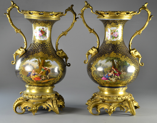 Pair Russian Imperial porcelain and bronze mounted vases. Midwest Auction Galleries image.
