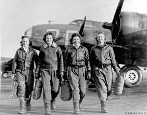 These pilots leaving their aircraft at the four engine school at Lockbourne AAF, Ohio, are members of a group of Women Airforce Service Pilots (WASPS) who have been trained to ferry B-17 Flying Fortresseses. From the left are Frances Green, Margaret Kirchner, Ann Waldner and Blanche Osborn. U.S. Air Force photo, courtesy of Wikimedia Commons.