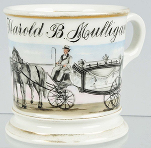 A Limoges shaving mug decorated with a horse-drawn hearse with driver. The mug is signed and dated 'A. Riedel 8/09.' Image courtesty LiveAuctioneers.com Archive and Dan Morphy Aucitons.