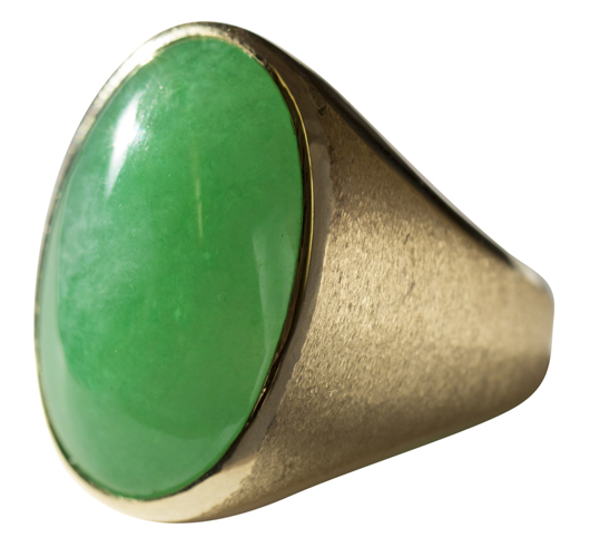 This large jadeite (24.7 x 17mm) and 18K gold ring will be offered as a highlight in the jewelry category. Clars Auction Gallery image.