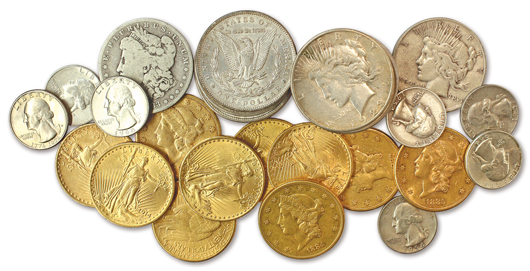 Weighing approximately 150 to 200 pounds will be this large collection of silver bullion including Morgan Dollars, Peace Dollars, Franklin and Kennedy half-dollars and pre-1964 coins. Clars Auction Gallery image.