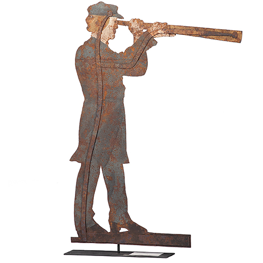A painted iron cutout of a sailor holding a telescope makes an unusual weather vane. It may have been meant to be Admiral David Glasgow Farragut. Blue, white, yellow and black paint remains on both sides. Photo courtesy of Cowan's Auctions Inc.