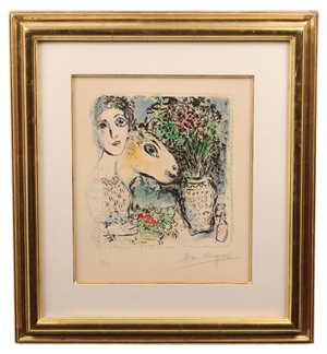 Lot 362 – Marc Chagall, ‘Woman with Basket of Flowers.’ Auction Gallery of the Palm Beaches Inc. image.
