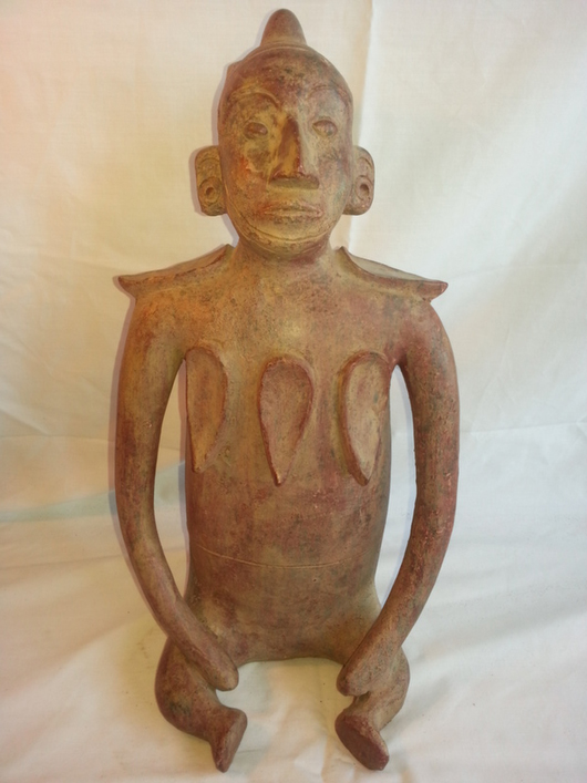 Rare large Pre-Columbian Colima Shaman guardian figural funerary vessel. Beaux Auctions image.
