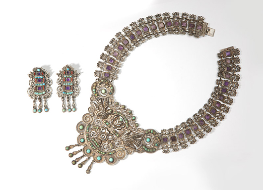 This signed Matl sectional necklace, set throughout with amethysts and turquoise and offered together with matching earrings, earned  $3,675 (estimate: $800-$1,200). John Moran Antique and Fine Art Auctioneers image.