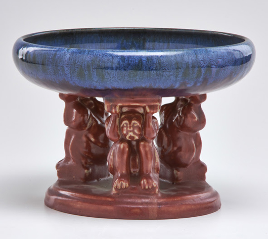 Lot 100 – a Fulper, effigy bowl in Chinese blue flambé and wistaria glazes. Estimate: $400-$600. Rago Arts and Auction Center image.