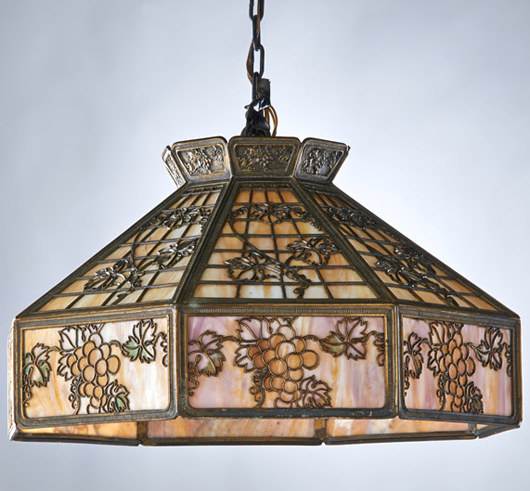 Lot 343 – Bradley & Hubbard cast bronze and slag glass chandelier. Estimate: $1,000-$1,500. Rago Arts and Auction Center image.