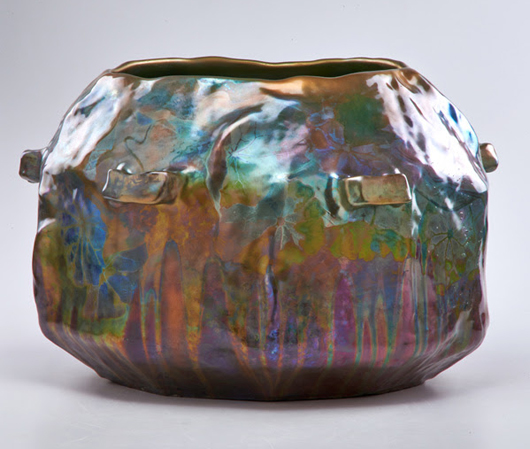 Lot 43 – massive glazed ceramic vessel by Clement Massier. Estimate: $800-$1,200. Rago Arts and Auction Center image.