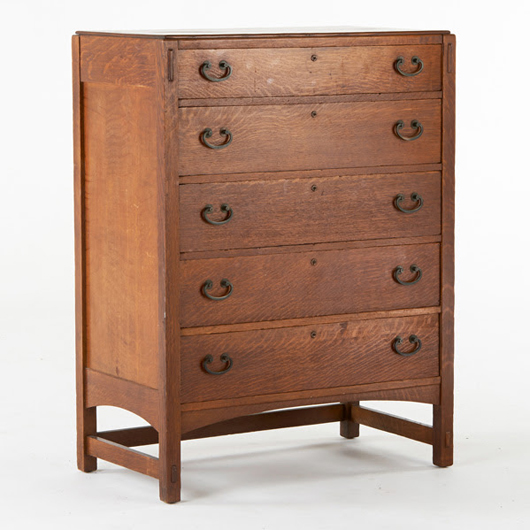 Lot 61 – Limbert five-drawer tall chest. Estimate: $1,200-$1,600. Rago Arts and Auction Center image.