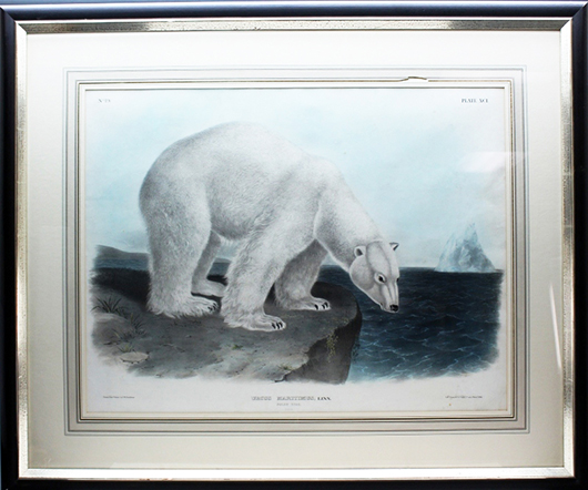 ‘Polar Bear – Male,’ after J.W. Audubon, color lithograph finished by hand and printed by J.T. Bowen, Philadelphia, 1846. Plate XCL from ‘The Vivaparous Quadrupeds of North America, N.Y., 1845-54. Estimate $1,500-$2,000. Waverly Rare Books image.