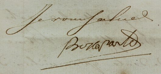 Signature of Napoleon Bonaparte as seen on May 1799 letter addressed to the Minister of France and Switzerland. Estimate $1,000-$1,500. Waverly Rare Books image.