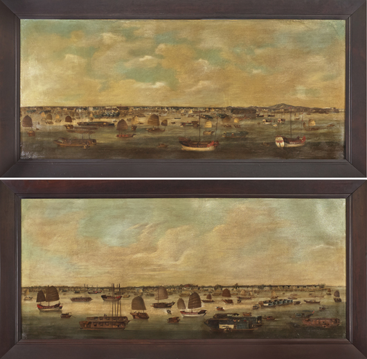 Pair of monumental China Trade oil on canvas panoramic landscapes, circa 1840, attributed to Youqua (Chinese, active mid-19th century), the first depicting the Hongs at Canton with a bustling harbor scene. The second work shows the opposing shore of the Pearl River and the island of Honam, 35 inches by 80 inches. Estimate: $150,000-$250,000. Pook & Pook Inc. image.