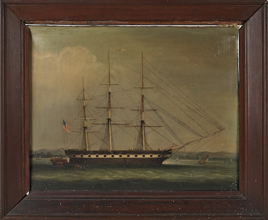 China Trade oil on canvas of Capt. Tibbit’s ship ‘Southerner,’ probably depicted off Whampoa anchorage. Estimate: $2,000-$4, 000. Pook & Pook Inc. image.