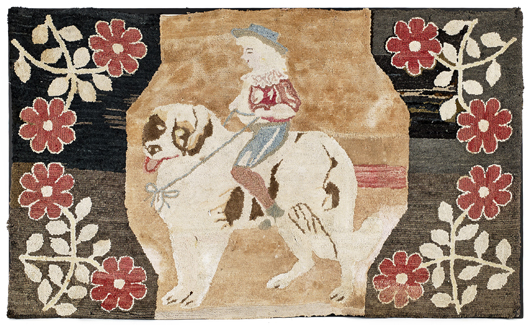Hooked rug of a girl riding a big dog, circa 1870, flanked by floral panels. Estimate: $1,200-$1,500. Pook & Pook Inc. image.
