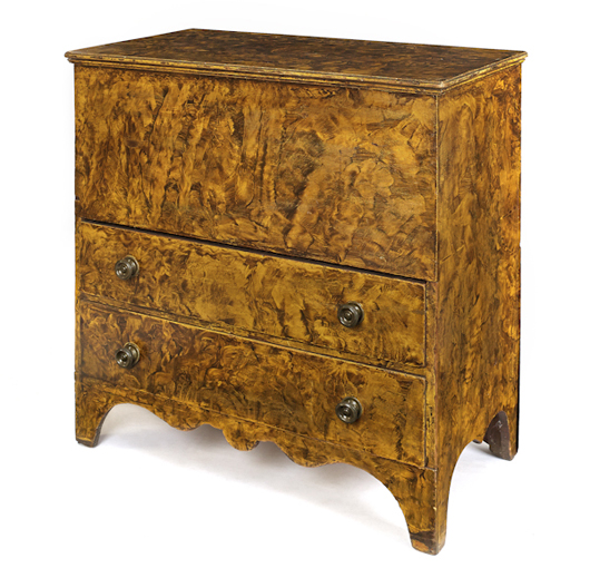 New England painted pine blanket chest, inscribed ‘L. Bloy 1830,’ retaining its original vibrant yellow and ochre surface. Estimate: $4,000-$6,000. Pook & Pook Inc. image.
