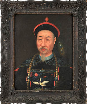 China Trade oil on canvas portrait of influential Chinese statesman Aison Gioro Keying, circa 1840. Estimate: $15,000-$25,000. Pook & Pook Inc. image.