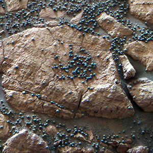 These loose, BB-sized, hematite-rich spherules are embedded in this Martian rock like blueberries in a muffin and released over time by erosion. The Mars rover Opportunity found this cluster of them at its Eagle Crater landing site and analyzed their composition with its spectrometers. Hypotheses about their formation have contributed to the story of water on Mars. Image Number: WEB13448-2013. Credit: NASA/JPL-Caltech/Cornell University.