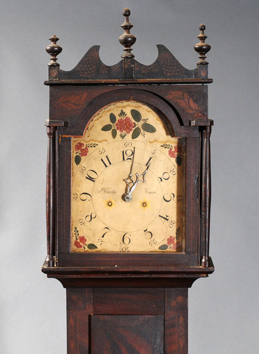 Federal painted tall clock decorated by Rufus Cole, signed and dated, 1832. Fairfield Auction image.