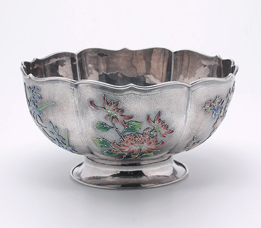 Chinese export silver and enameled punch bowl, circa 1900. Price realized: $29,500. Michaan’s Auctions image.