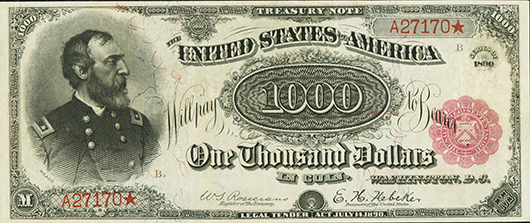 This 1890 $1,000 U.S. Treasury note is considered the most valuable piece of currency in the world, having sold for a record $3.29 million. Heritage Auctions image.