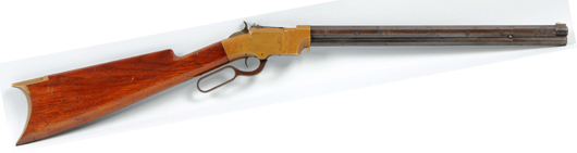 New Haven Arms production lever-action .42 caliber Volcanic carbine, pre-Civil War magazine loader, $40,800. Morphy Auctions image.