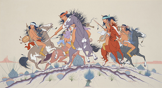 Allan Houser (U.S., 1914-1994), 'Fresh Trail - Apache War Party,' 1952, watercolor on board. Philbrook Museum of Art, Tulsa, Okla. Museum purchase 1952.10.