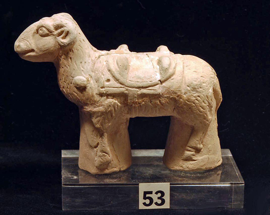 Lot 14: Holy Land sculpture of a ram, ex-Moshe Dayan, circa 1200-1000 B.C. Estimate: $1,500-$2,500. ArtemisGalleryLIVE image.