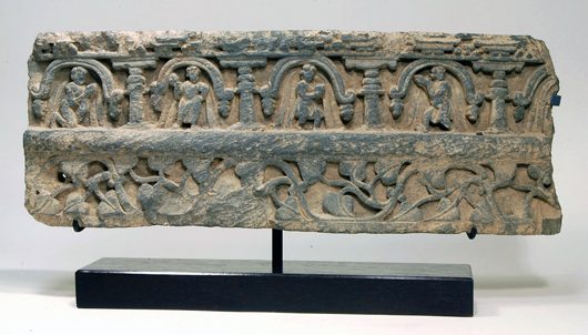 Lot 146: Gandharan schist relief panel (lintel), circa second-fourth century. Estimate: $4,000-$6,000. ArtemisGalleryLIVE image.