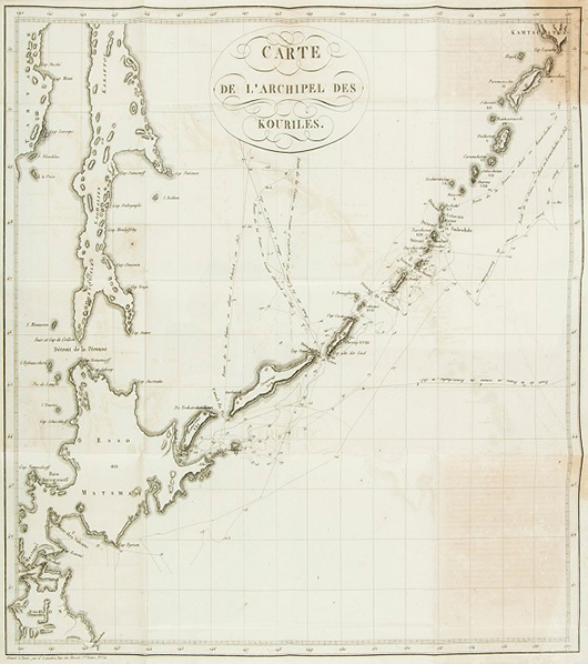 A map from a scarce edition ‘Voyage de M. Golovnin,’ a narrative of the author’s voyage to the Kuril Islands. This French first edition, 1818, is estimated at £400-£600. Dreweatts & Bloomsbury image.