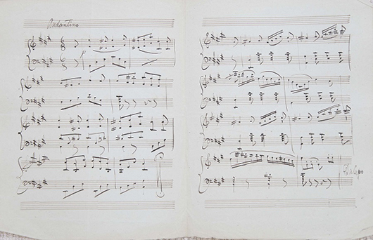 Sheet music from a series of 95 manuscript pieces titled ‘Romances for the Harp’ circa 1840. Estimate:  £2,500-$3,500. Dreweatts & Bloomsbury image.