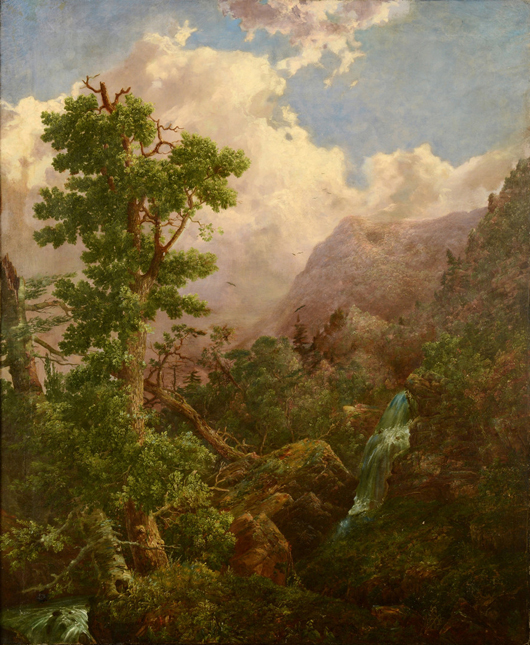 Measuring 76 x 64 inches framed, this landscape by Hudson River painter William Louis Sonntag (Ohio/New York, 1822-1900) is accompanied by a copy of a letter from the artist to its original owner. Estimate: $35,000-45,000. Case Antiques image.