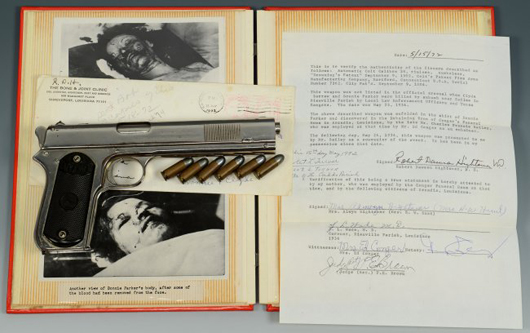 Outlaw Bonnie Parker never had time to pull this Colt .38 pistol before she and Clyde Barrow were ambushed. The gun, bullets and photo archive will be sold at Case’s Jan. 25 auction with a $125,000-175,000 estimate. Case Antiques image.