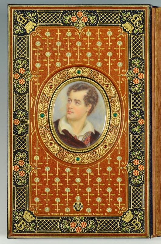 Clad in a jeweled binding by Sangorski and Sutcliffe, this 1807 edition of Lord Byron’s ‘Hours of Idleness’ is inset with miniature portraits of the author and his ancestral home. Estimate: $4,000-$5,000. Case Antiques image.