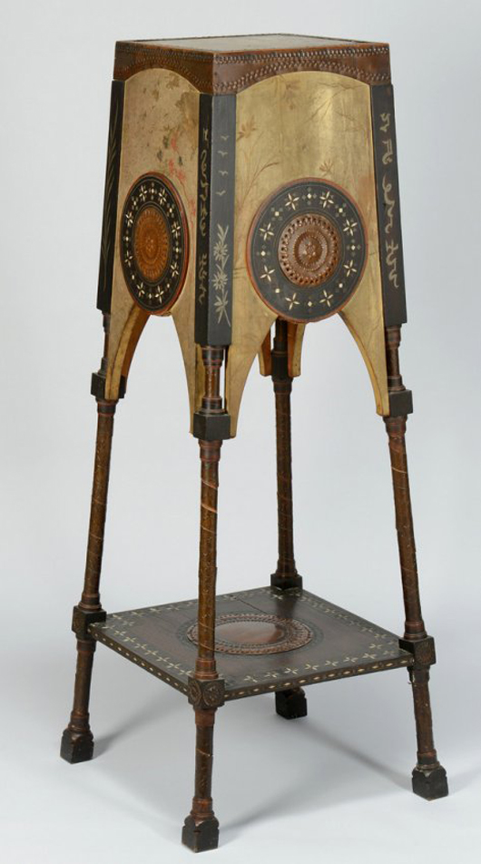 From a Knoxville estate is an Italian Carlo Bugatti plant stand of ebonized and inlaid wood, hammered copper and painted vellum. Estimate: $8,000-10,000. Case Antiques image.