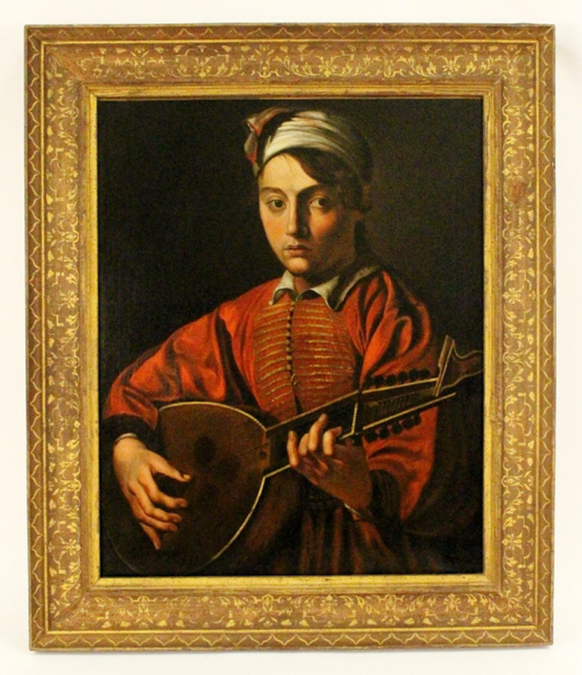 Oil on canvas portrait after Michelangelo de Caravaggio, titled ‘The Lute Player, 1597.’ Price realized: $13,000. Ahlers & Ogletree image.