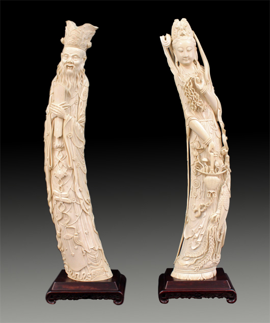 This pair of exquisitely carved Chinese antique ivory figures was sold as one lot for $45,000. Ahlers & Ogletree image.