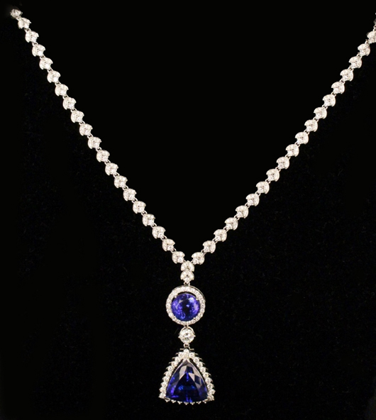 Diamond necklace with two tanzanite stones, a total diamond weight of 8.38 carats. Price realized: $18,000. Ahlers & Ogletree image.