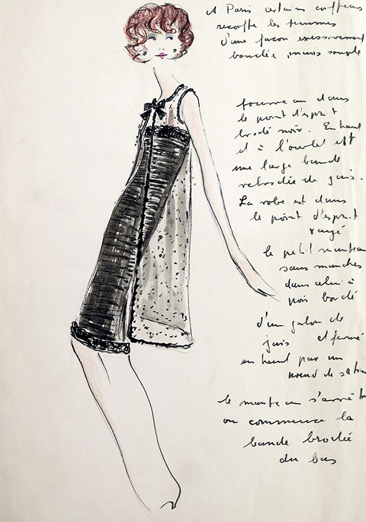 Original Tiziani sketch of black cocktail dress with handwritten notes in the margin, $3,240. Palm Beach Modern Auctions image.