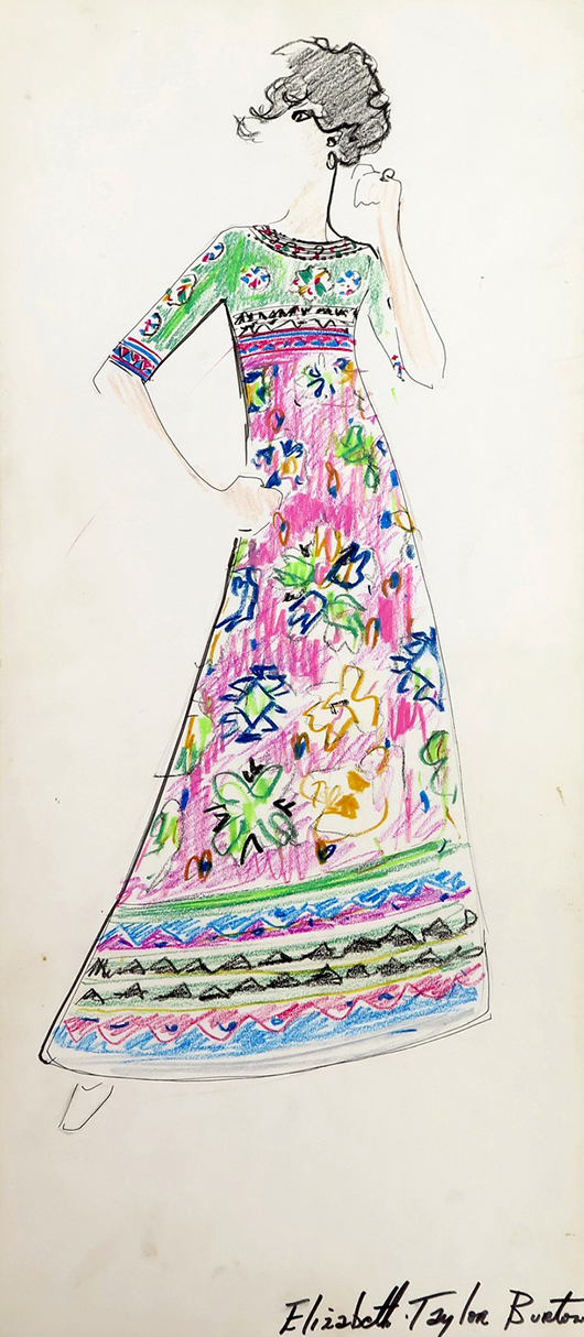 Original Karl Lagerfeld sketch of ankle-length dress in 1960s pop colors, signed ‘Elizabeth Taylor Burton,” $2,520. Palm Beach Modern Auctions image.
