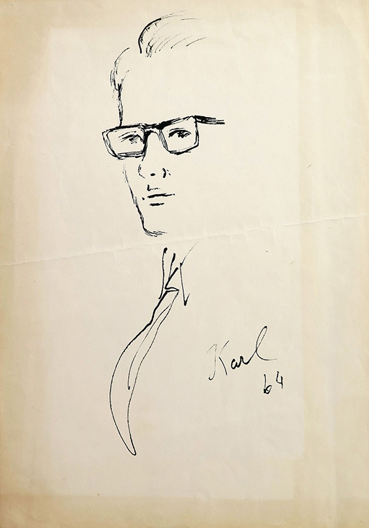 Original sketch portrait signed by Karl Lagerfeld and dated 1964, the subject believed to be Evan ‘Buddy’ Richards, a k a Tiziani, $4,200. Palm Beach Modern Auctions image.
