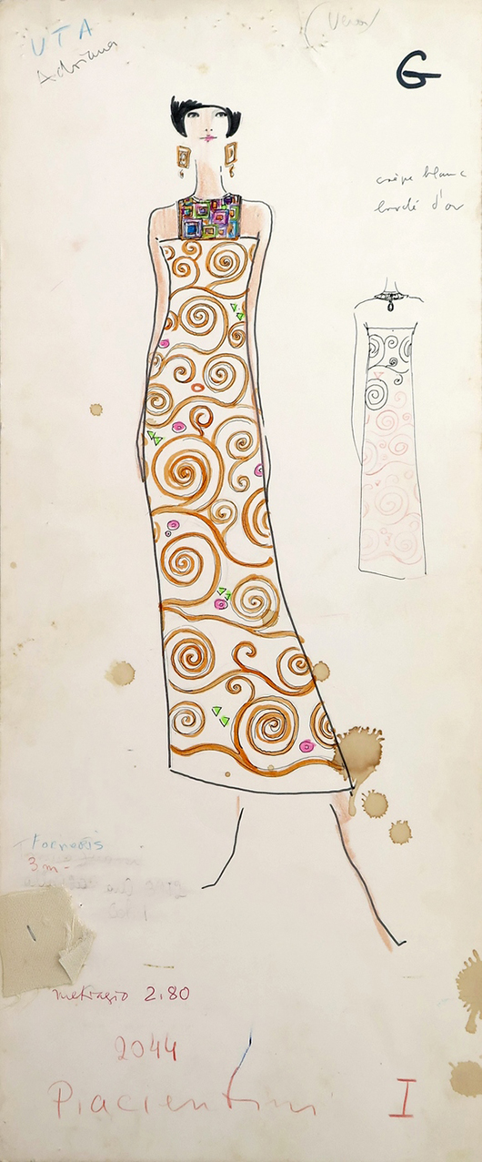 Original Tiziani annotated color sketch of an Egyptian-style calf-length dress with faux-jeweled halter, $3,900 to an Internet buyer. Palm Beach Modern Auctions image.