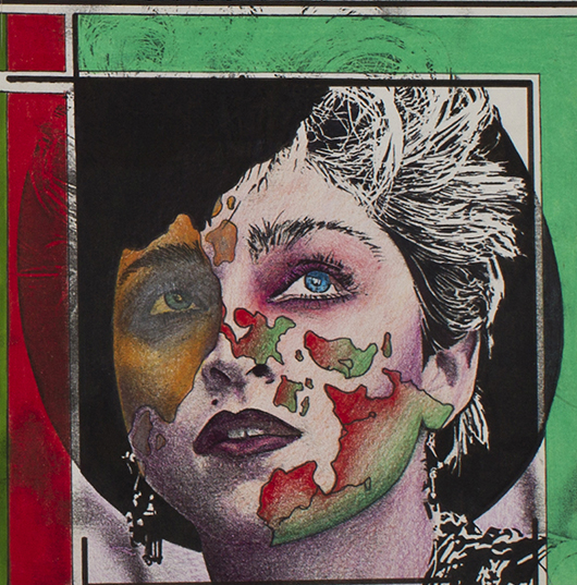 Martin Burgoyne (British/American, 1963-1986), original colored-pencil drawing of Madonna used for the 1983 Madonna record ‘Burning Up,’ 8 x 6¾in, from a spiral-bound portfolio of 12 original mixed-media colored pencil drawings, portfolio estimate $2,000-$4,000. Myers Fine Art image.