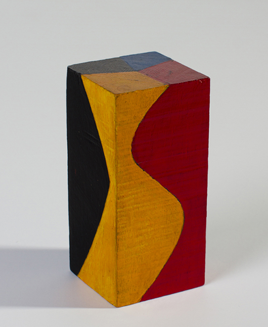 Leon Polk Smith (Native American, 1909-1996), enamel on wood abstract sculpture, signed on bottom LPS ’58, 4¼in high and 2in sq., from the collection of the artist’s life partner and assistant, Robert Mead Jamieson; est. $1,000-$2,000. Myers Fine Art image.