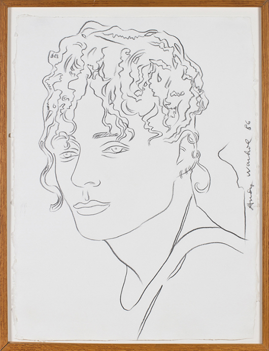 Andy Warhol (American, 1928-1987) original portrait of the artist’s friend Martin Burgoyne, created for the invitation to a 1986 fundraiser benefiting Burgoyne at the Pyramid Club NYC, graphite on rag paper, signed ‘Andy Warhol 86,’ 32 x 24in, est. $30,000-$40,000. Myers Fine Art image.