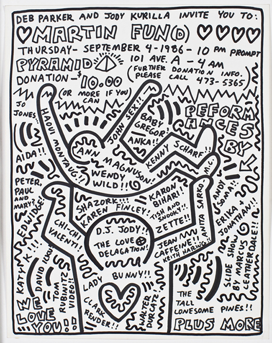 Keith Haring (American, 1958-1990), original artwork created for the poster and invitation to a 1986 fundraiser benefiting Burgoyne at the Pyramid Club NYC, marker on paper, signed ‘Haring!!’ at lower right; also signed ‘Kermit Oswald’ on reverse stretcher, 14 x 11in, est. $3,000-$5,000. Myers Fine Art image.